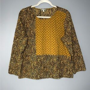 Habitat Blouse Women M Gold Black Patchwork Button Back Artsy Boho Lagenlook Top